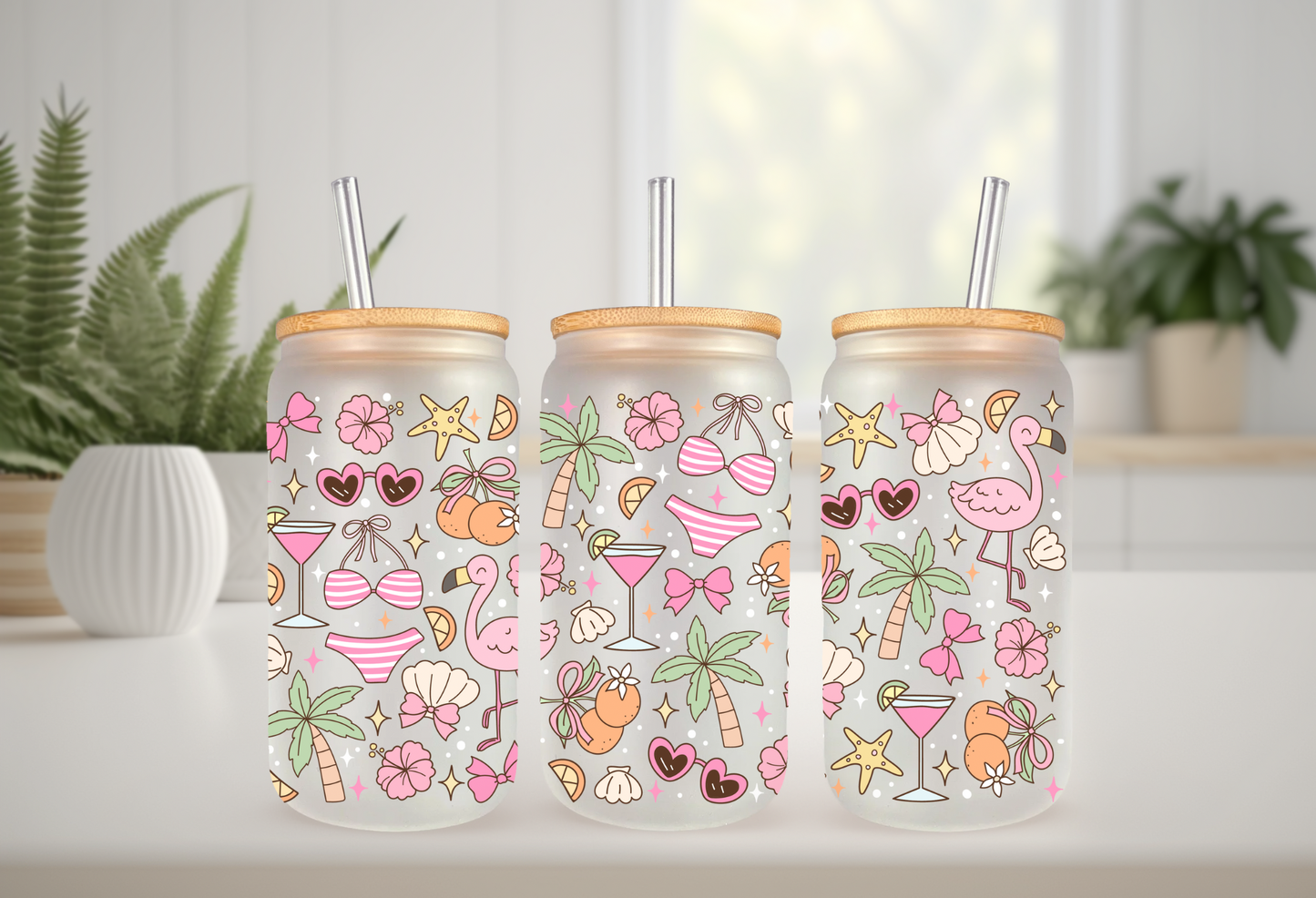 UVDTF Wrap Girly Flamingo Beaches 16oz Can Glass Mug Tumbler, Ready to apply, Permanent Waterproof Adhesive, Add on a Cup