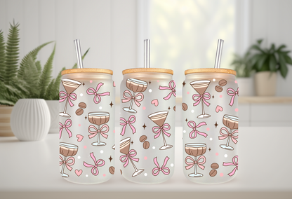 UVDTF Wrap Coquette Bow Expresso Martini 16oz Can Glass Mug Tumbler, Ready to apply, Permanent Waterproof Adhesive, Add on a Cup