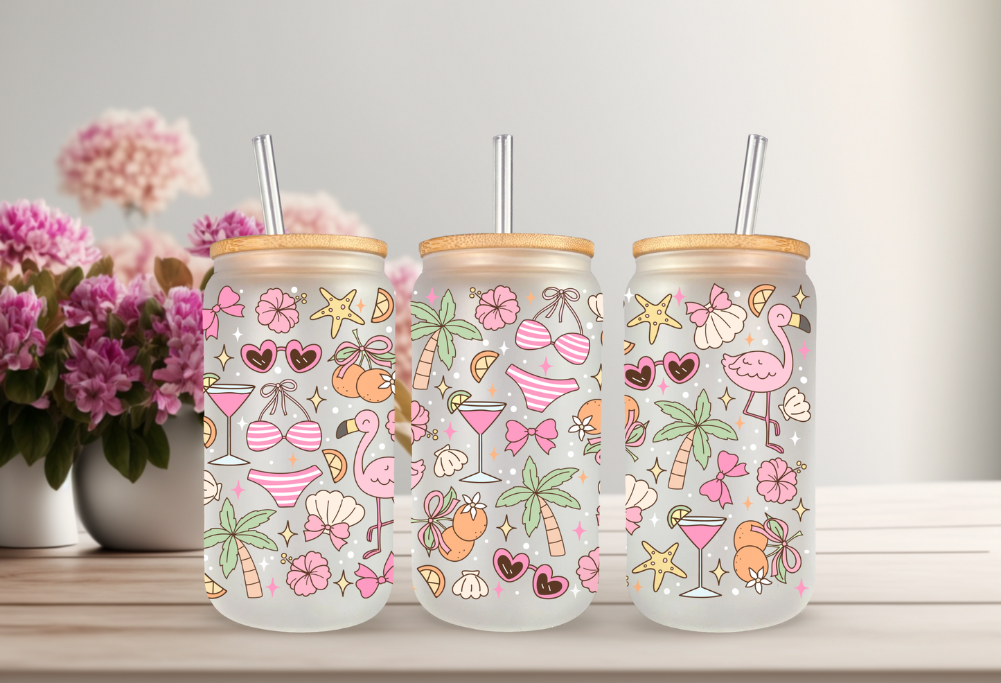 UVDTF Wrap Girly Flamingo Beaches 16oz Can Glass Mug Tumbler, Ready to apply, Permanent Waterproof Adhesive, Add on a Cup