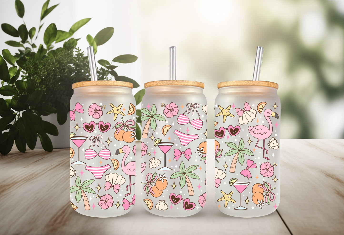 UVDTF Wrap Girly Flamingo Beaches 16oz Can Glass Mug Tumbler, Ready to apply, Permanent Waterproof Adhesive, Add on a Cup