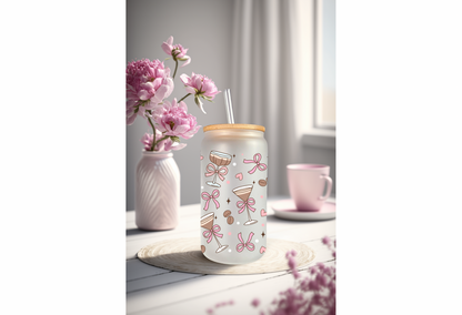 UVDTF Wrap Coquette Bow Expresso Martini 16oz Can Glass Mug Tumbler, Ready to apply, Permanent Waterproof Adhesive, Add on a Cup