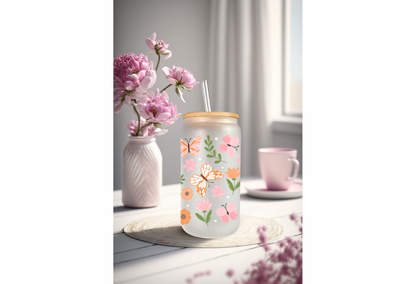 UVDTF Wrap Floral Butterfly 16oz Can Glass Mug Tumbler Wrap, Butterfly Wrap, Ready to apply, Permanent Adhesive, Double sided option