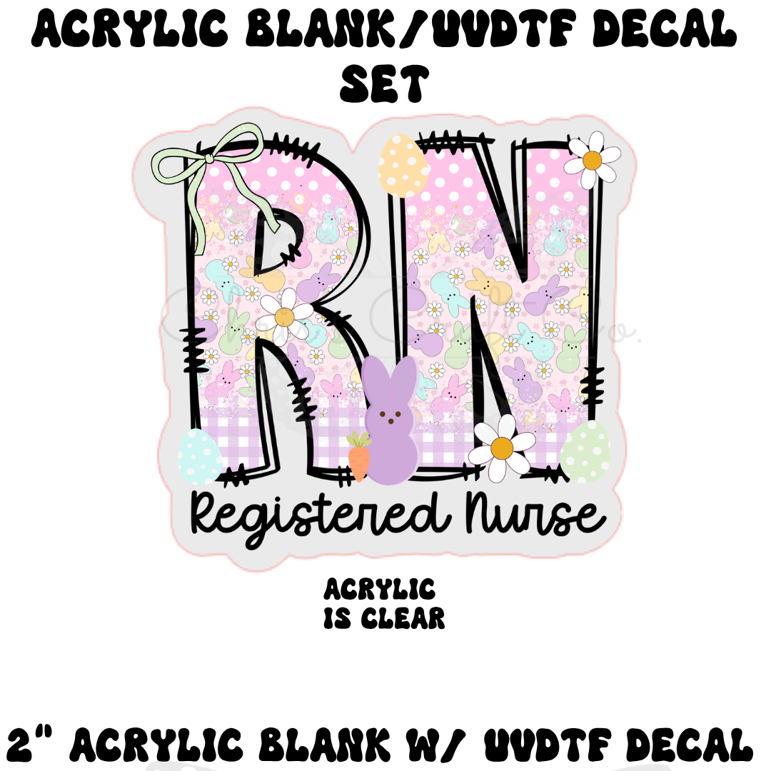 Acrylic blank with 'RN' and 'Registered Nurse' text, featuring decorative elements on a white background.