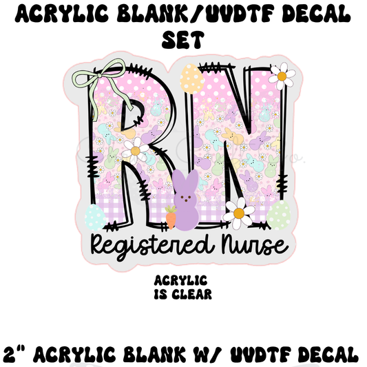 Acrylic blank with 'RN' and 'Registered Nurse' text, featuring decorative elements on a white background.