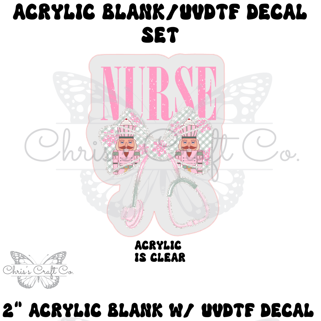 Clear acrylic blank with UV DTF decal featuring nurse Christmas theme, used for badge reels or keychains.