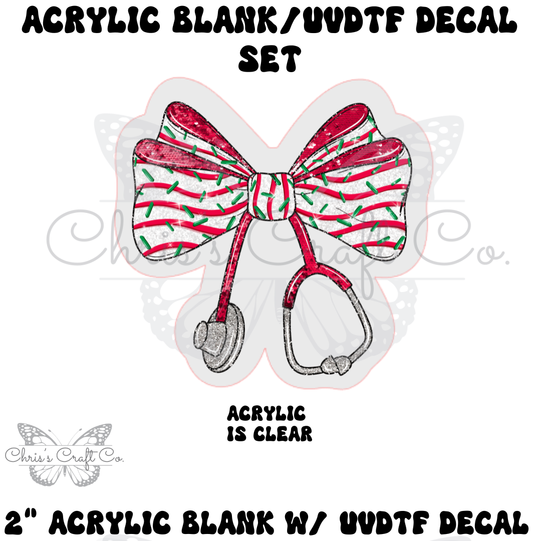 Acrylic blank with UVDTF decal featuring a bow and stethoscope design on a white background.