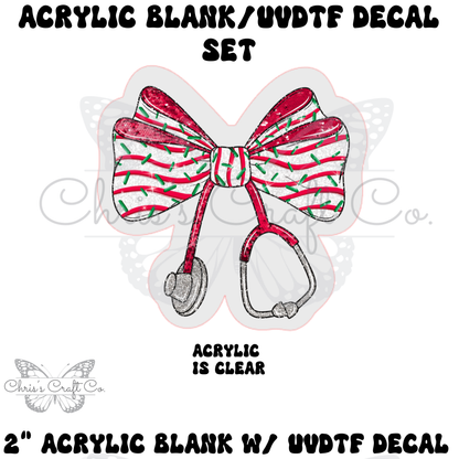 Acrylic blank with UVDTF decal featuring a bow and stethoscope design on a white background.