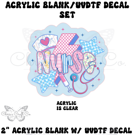 Acrylic blank with UVDTF decal set featuring 'Nurse' text and medical symbols on a light blue background.