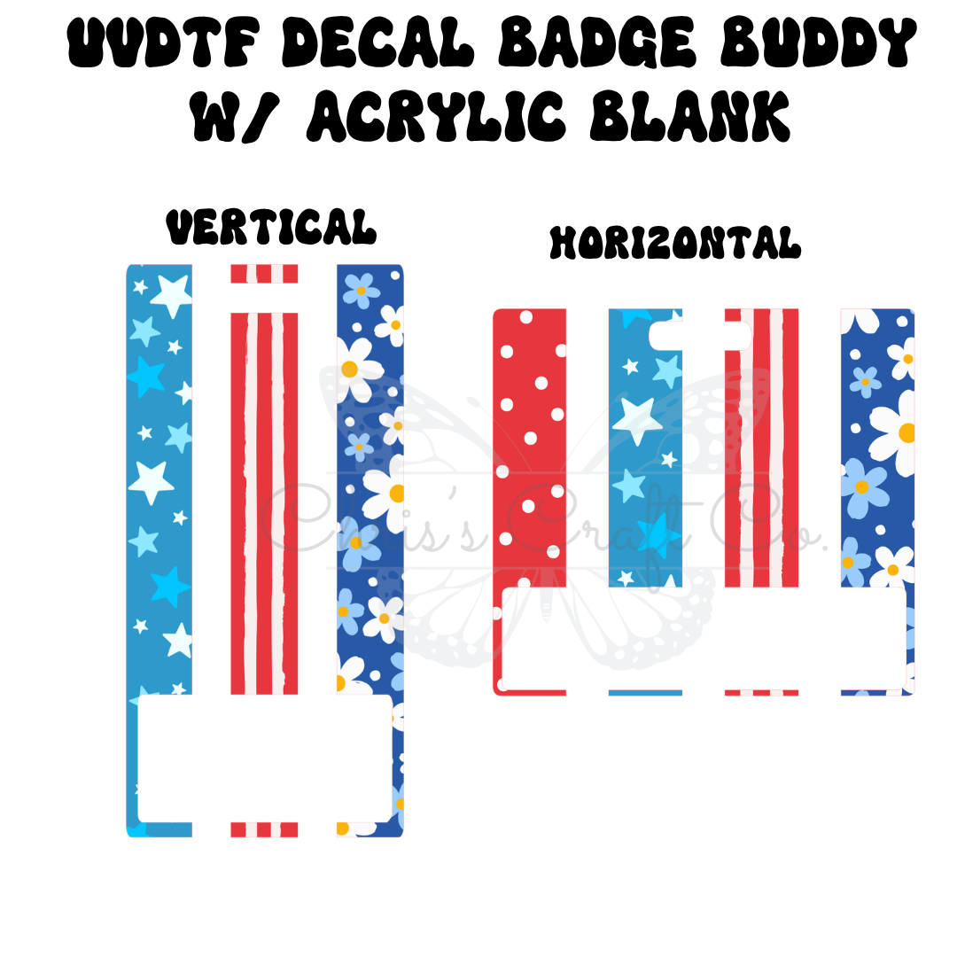 Patriotic badge buddy featuring blue floral stars, red and white stripes, and blue polka dots on clear acrylic.