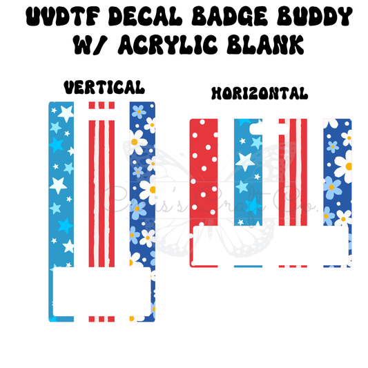 Patriotic badge buddy featuring blue floral stars, red and white stripes, and blue polka dots on clear acrylic.