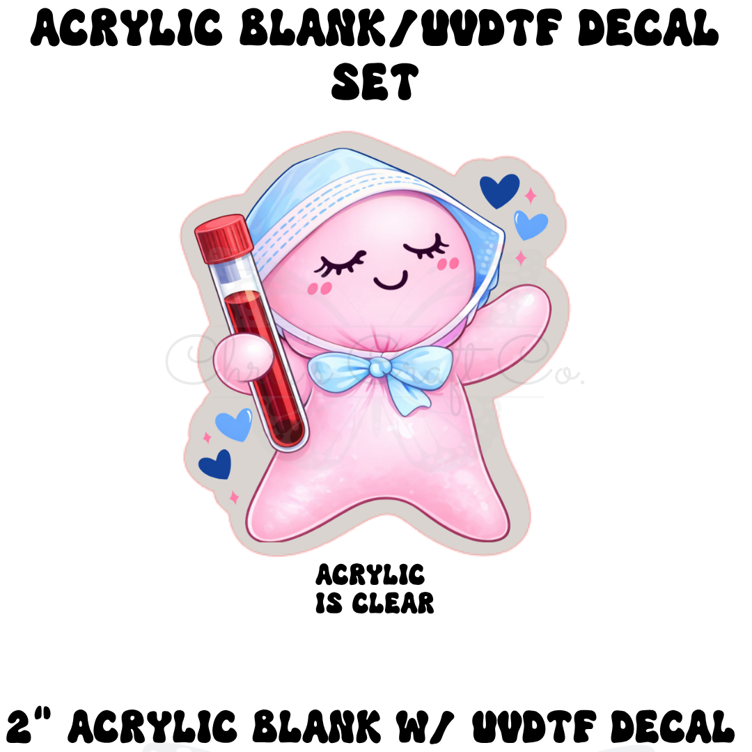 2 inch clear acrylic blank with a UVDTF decal of a pink medical glove character holding a blood tube with a blue bow.