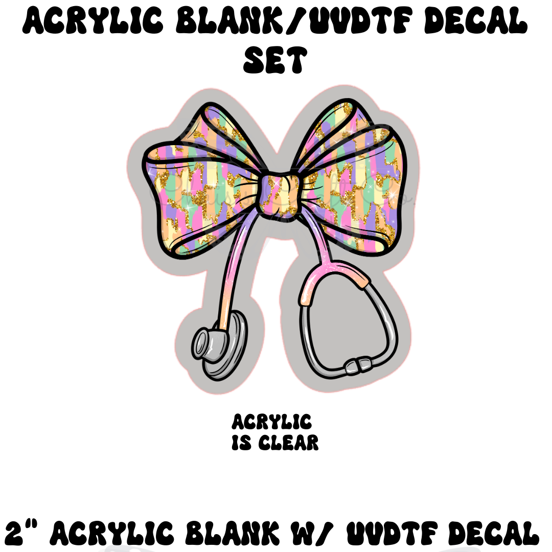 Acrylic blank with UVDTF decal featuring a colorful bow and stethoscope on a white background.