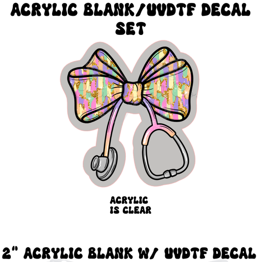 Acrylic blank with UVDTF decal featuring a colorful bow and stethoscope on a white background.