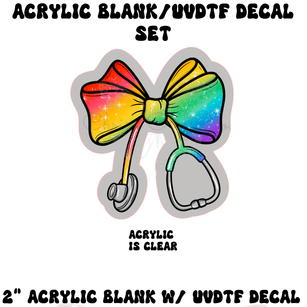 Vibrant rainbow pattern bow with a black stethoscope silhouette, colorful DIY acrylic blank and UVDTF decal set for nurse badge reels and medical gear.

