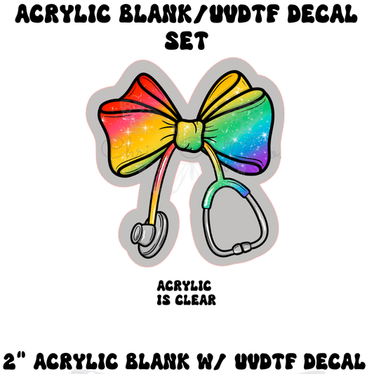 Vibrant rainbow pattern bow with a black stethoscope silhouette, colorful DIY acrylic blank and UVDTF decal set for nurse badge reels and medical gear.

