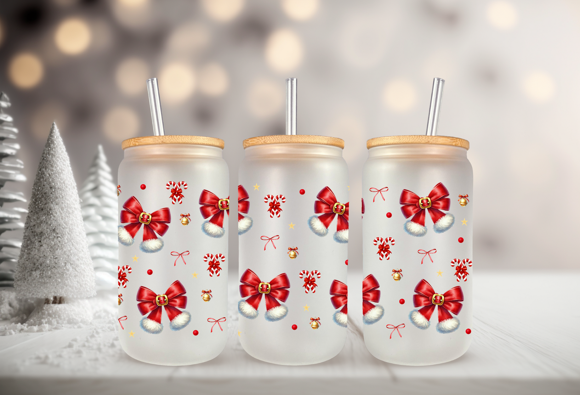 UV DTF wrap for 16oz glass can featuring Christmas bow, peel-and-stick application.