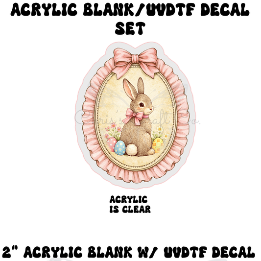 Vintage Easter bunny with a pink bow and Easter eggs inside a ruffled oval frame, DIY acrylic blank and UVDTF decal set for badge reels.