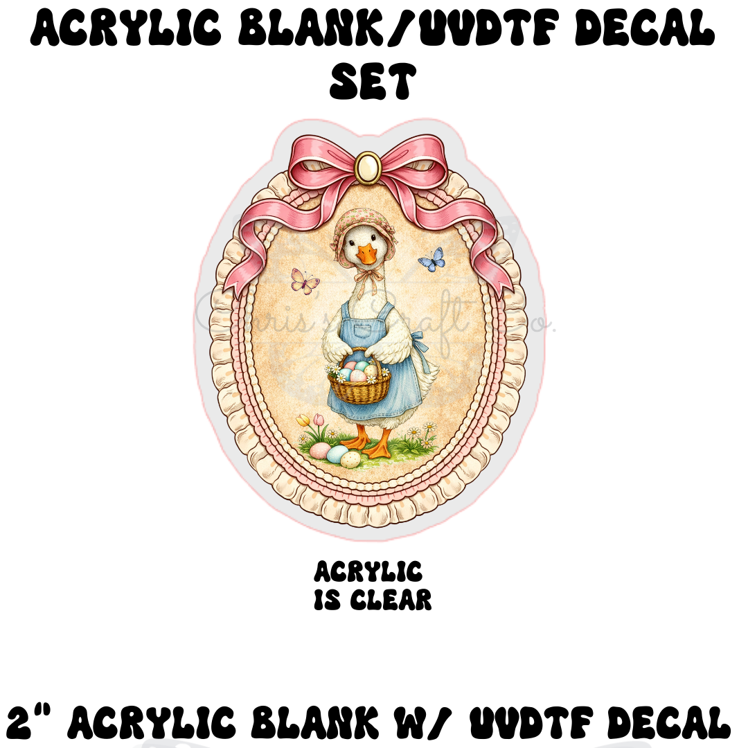Vintage white goose wearing a blue apron and floral bonnet holding a basket of Easter eggs, pink ribbon border, DIY acrylic blank and UVDTF decal set for badge reels.