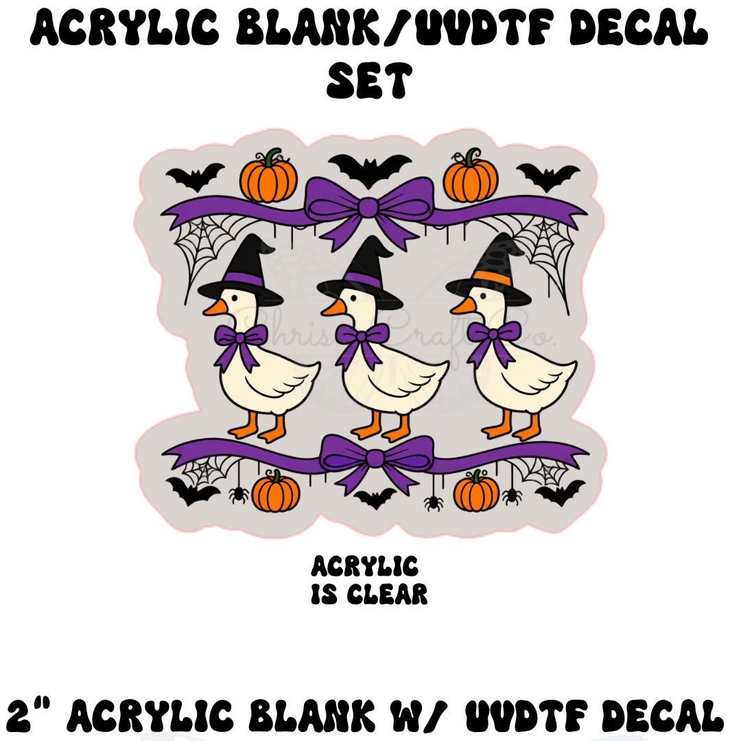 Acrylic blank and UVDTF decal mockup featuring white geese wearing witch hats, purple capes, and pumpkin buckets.