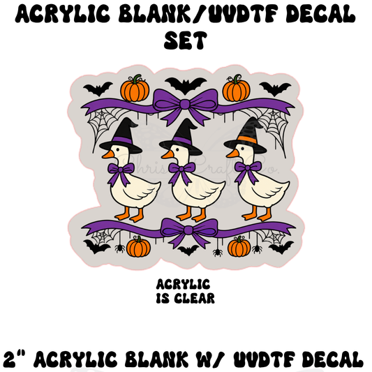 Acrylic blank and UVDTF decal mockup featuring white geese wearing witch hats, purple capes, and pumpkin buckets.
