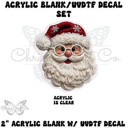 Clear acrylic blank with UV DTF decal featuring Santa with faux yarn, used for badge reels or keychains.