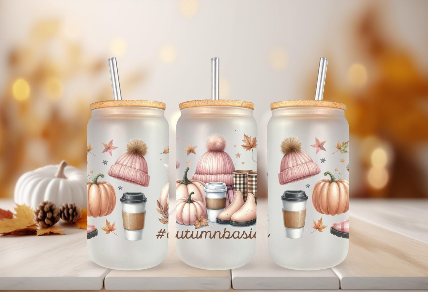 UVDTF Wrap Autumn Basics Boots Hat  Pumpkin Iced Coffee for 16oz Can Glass or 40oz Tumbler, Fall Wrap Ready to apply, Permanent adhesive