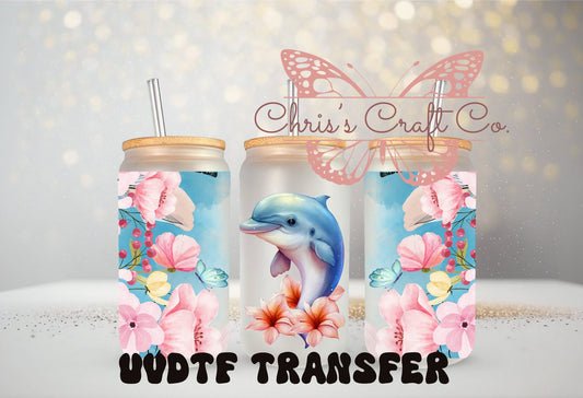 UVDTF Wrap Floral Dolphin 16oz Can Glass Mug Tumbler, Ready to Apply, Permanent Waterproof Adhesive