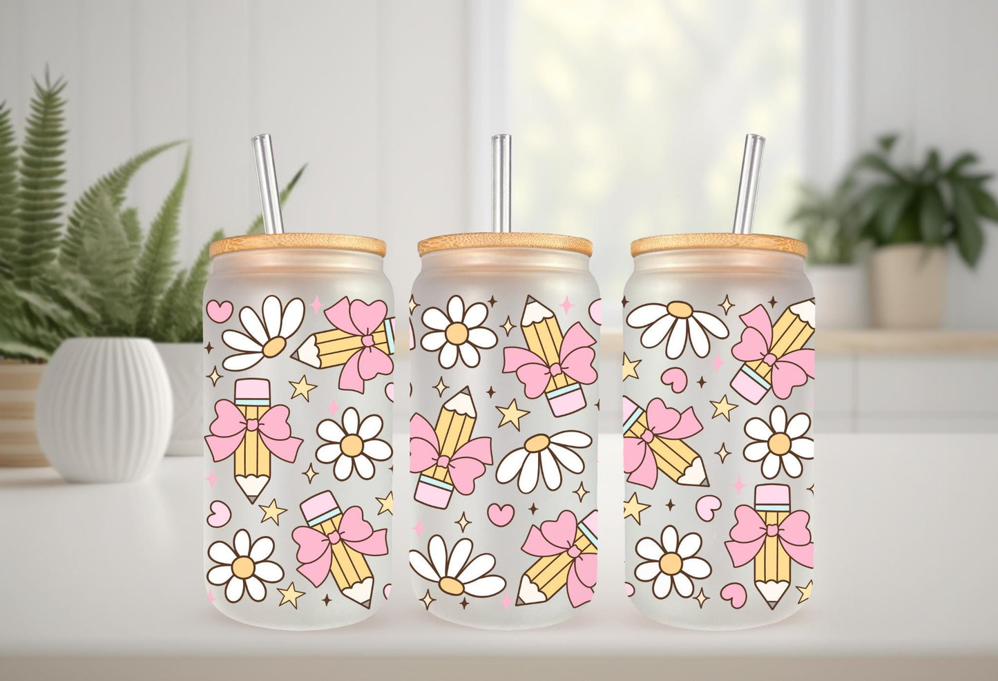 UVDTF Wrap Pencil Teacher Bow 16oz Can Glass Mug Tumbler, Teacher Wrap, Ready to apply, Permanent Waterproof Adhesive, Double Sided Print