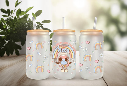 UVDTF Wrap Retro Happy it's Your Meds for 16oz Can Glass Mug Tumbler, Ready to Apply, Permanent Waterproof Adhesive