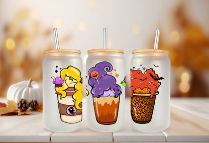 UVDTF Wrap Halloween Witches Iced Coffee for 16oz Can Glass Mug Tumbler, Halloween Wrap, Ready to apply, Permanent Waterproof Adhesive