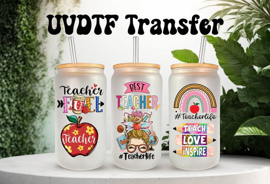 UVDTF Wrap Best Teacher Apple 16oz Can Glass Mug Tumbler, Teacher Life, Ready to Apply, Permanent Waterproof Adhesive