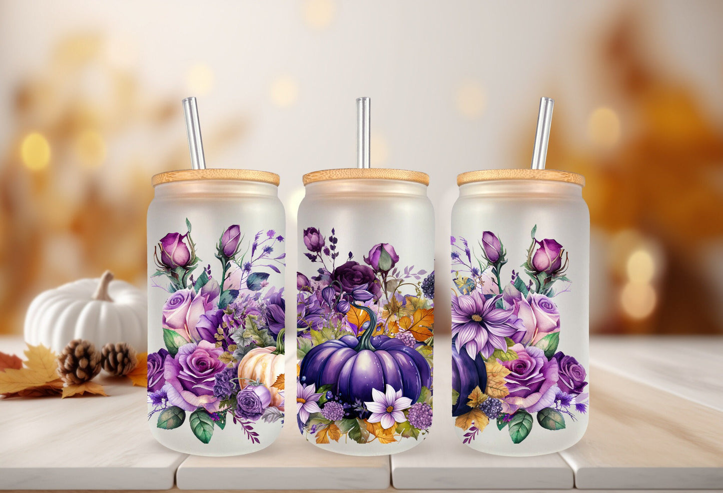 UVDTF Wrap Fall Pumpkin Purple Floral 16oz Can Glass  Mug Tumbler Wrap, Ready to apply, Permanent Adhesive, Double sided option