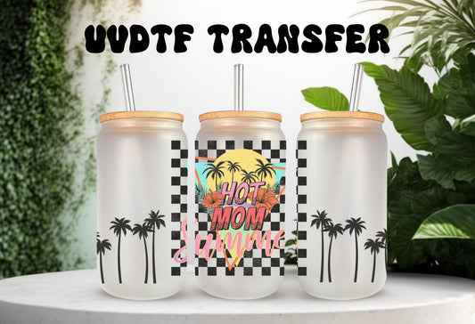 UVDTF Wrap Hot Mom Summer Checkered Palm 16oz Can Glass Mug Tumbler, Ready to apply, Permanent waterproof adhesive