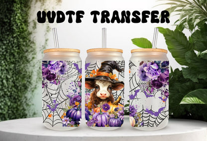 UVDTF Wrap Cow Witch Purple Floral Pumpkin 16oz Can Glass Mug Tumbler,  Ready to Apply, Permanent Waterproof Adhesive