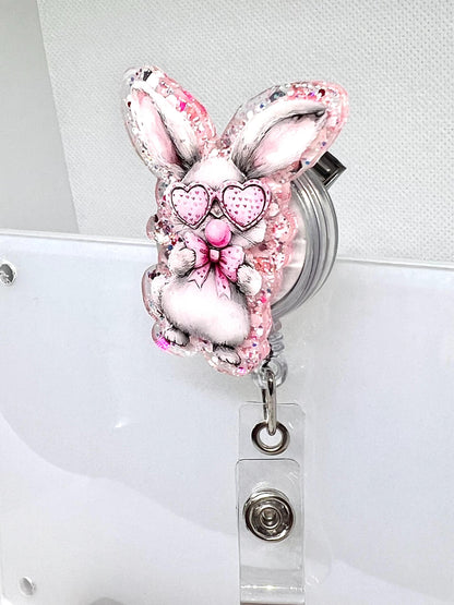 Adorable Bunny Badge Reel – Glitter Heart Glasses and Pink Design for ID Holders