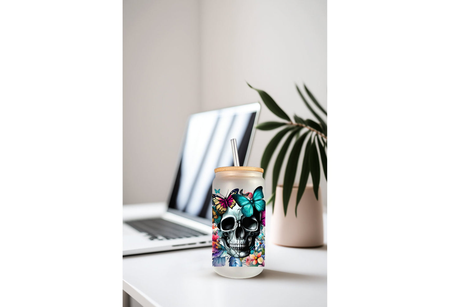 Glass Mug Tumbler Wrap – 16oz Can Skull Floral Butterfly Double Sided Sticker