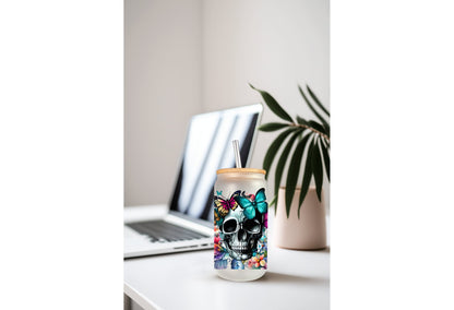 Glass Mug Tumbler Wrap – 16oz Can Skull Floral Butterfly Double Sided Sticker