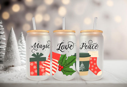 UVDTF WRAP Christmas Presents Magic Love Peace 16 oz Can Glass Mug Tumbler, Christmas Wrap, Ready to apply, Waterproof Permanent Adhesive