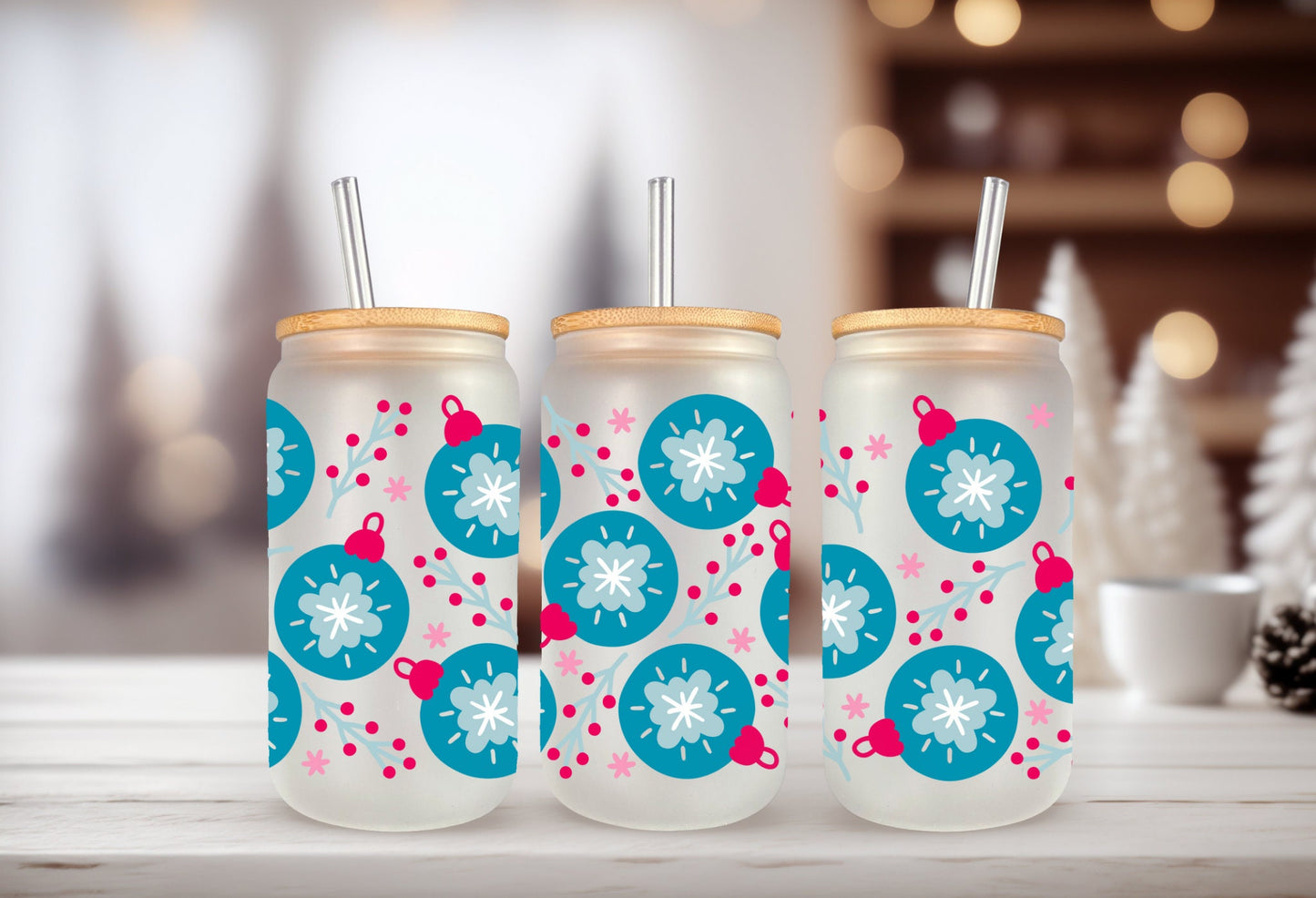 Can Glass Wrap - Christmas Ornament Adhesive Cup Wrap for 16oz Tumbler, Double Sided