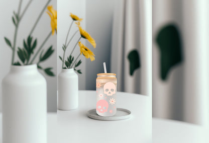 UVDTF Wrap Boho Pastel Skulls Flowers 16oz Can Glass, Mug Tumbler, Ready to apply, Permanent Waterproof Adhesive