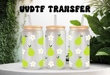 UV DTF Wrap Pears & Daisy for 16oz Can Glass Mug Tumbler, Ready to Apply, Permanent Waterproof Adhesive