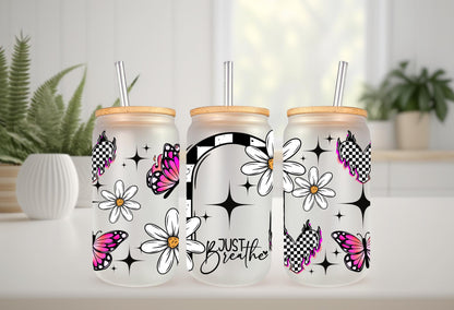 UVDTF Wrap Positive Saying Floral Butterfly 16oz Can Glass Mug Tumbler, Just Breathe Wrap, Ready to Apply, Permanent Waterproof Adhesive