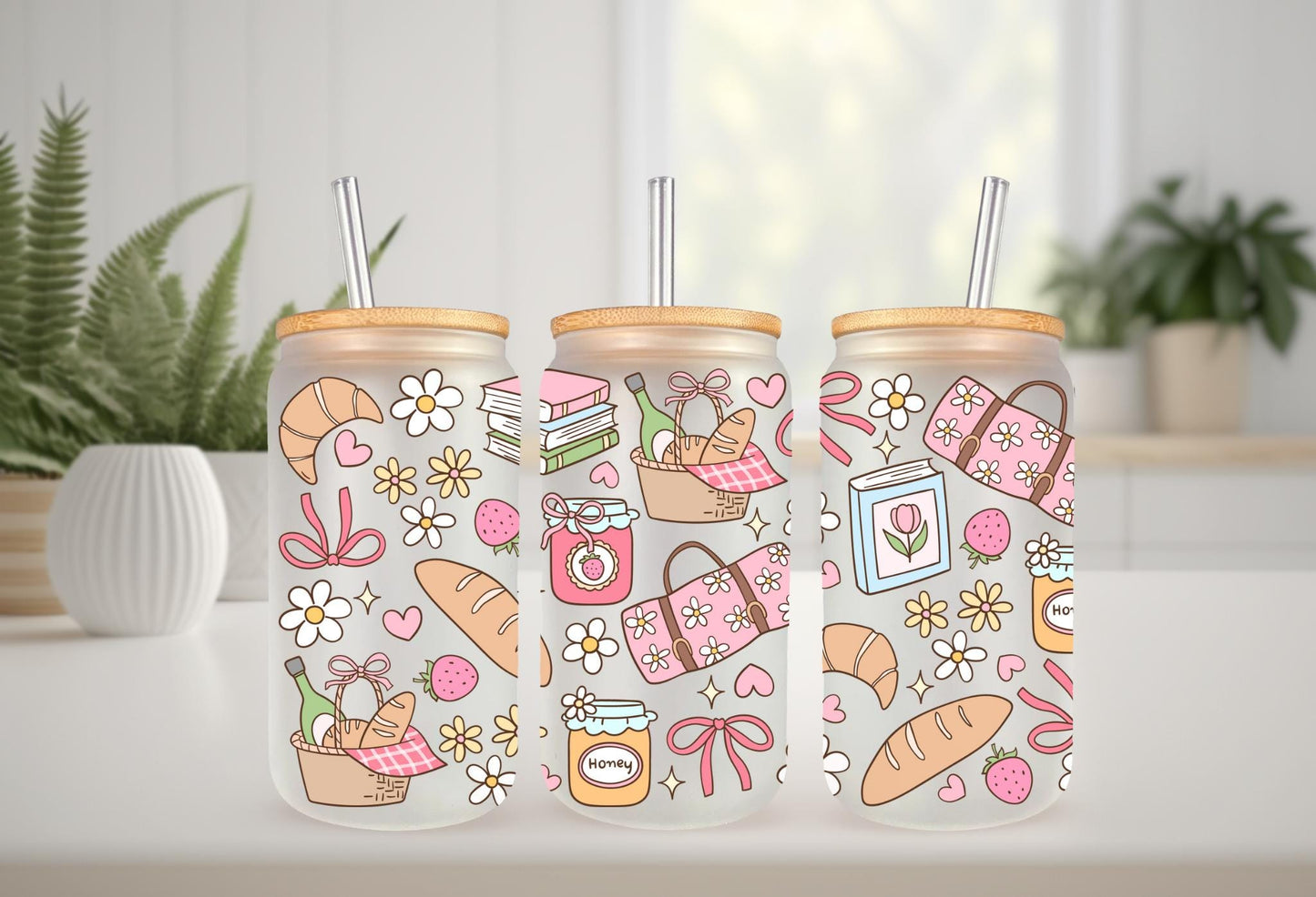 UVDTF Wrap Spring Picnic Sourdough 16oz Can Glass Mug Tumbler, Spring Picnic Wrap, Ready to apply, Permanent Waterproof Adhesive