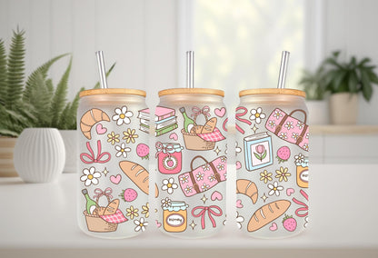 UVDTF Wrap Spring Picnic Sourdough 16oz Can Glass Mug Tumbler, Spring Picnic Wrap, Ready to apply, Permanent Waterproof Adhesive