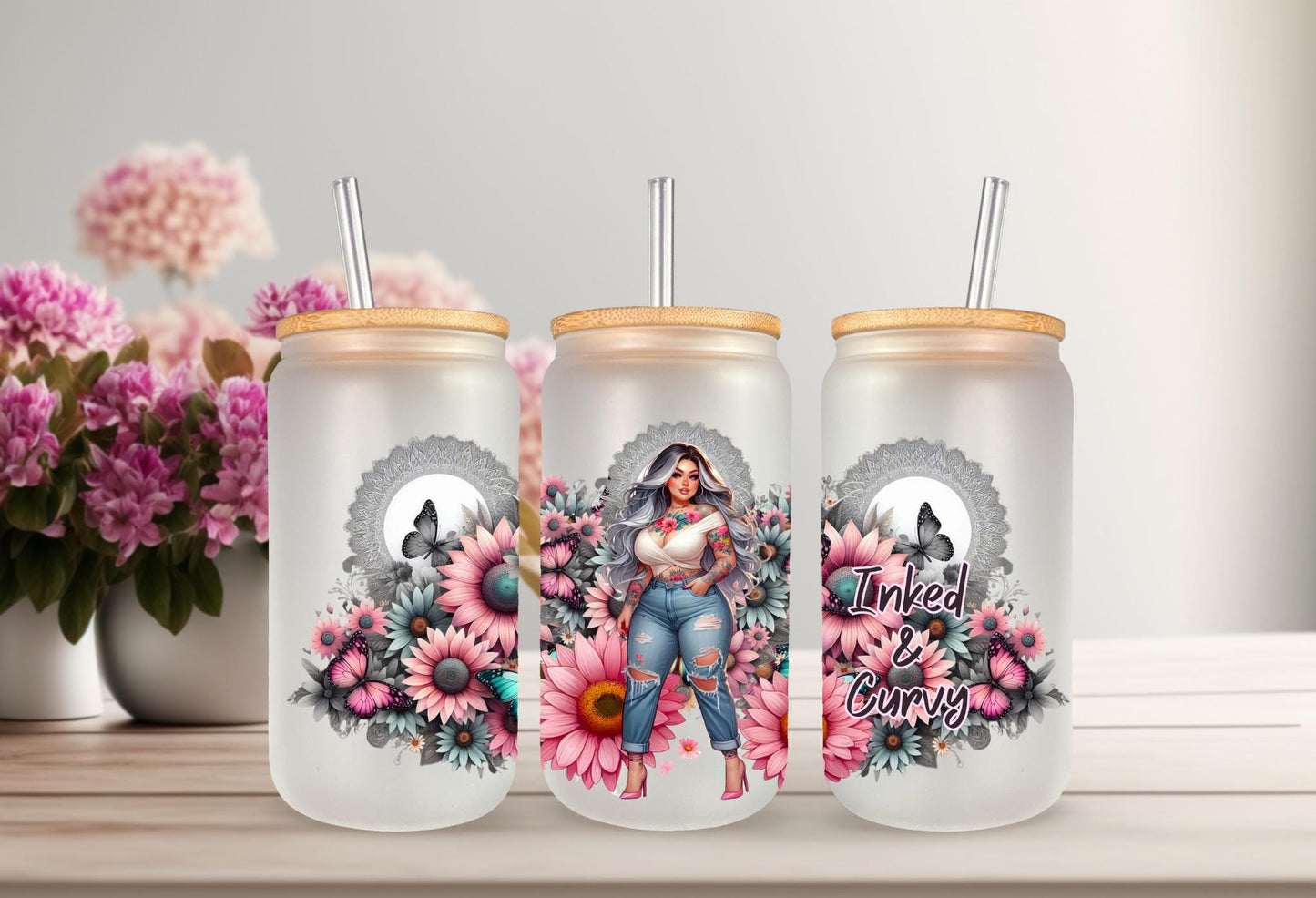 UVDTF Wrap Floral Butterfly Inked Curvy 16oz Can Glass Wrap Mug Tumbler, Inked Girl Wrap, Ready to Apply, Permanent Waterproof Adhesive