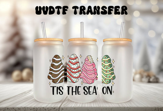 UVDTF Decal Tis the Season Multi color Cakes 16oz Can Glass Mug Tumbler, Funny Decal, Ready to apply, Permanent Waterproof Adhesive