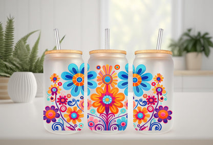 UVDTF Wrap Colorful Retro Flowers 16oz Can Glass Mug Tumbler,  Ready to apply, Permanent Waterproof adhesive