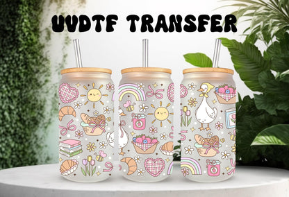 UVDTF Wrap Spring Floral Goose Picnic 16oz Can Glass Mug Tumbler Wrap, White Goose, Ready to apply, Permanent Waterproof Adhesive