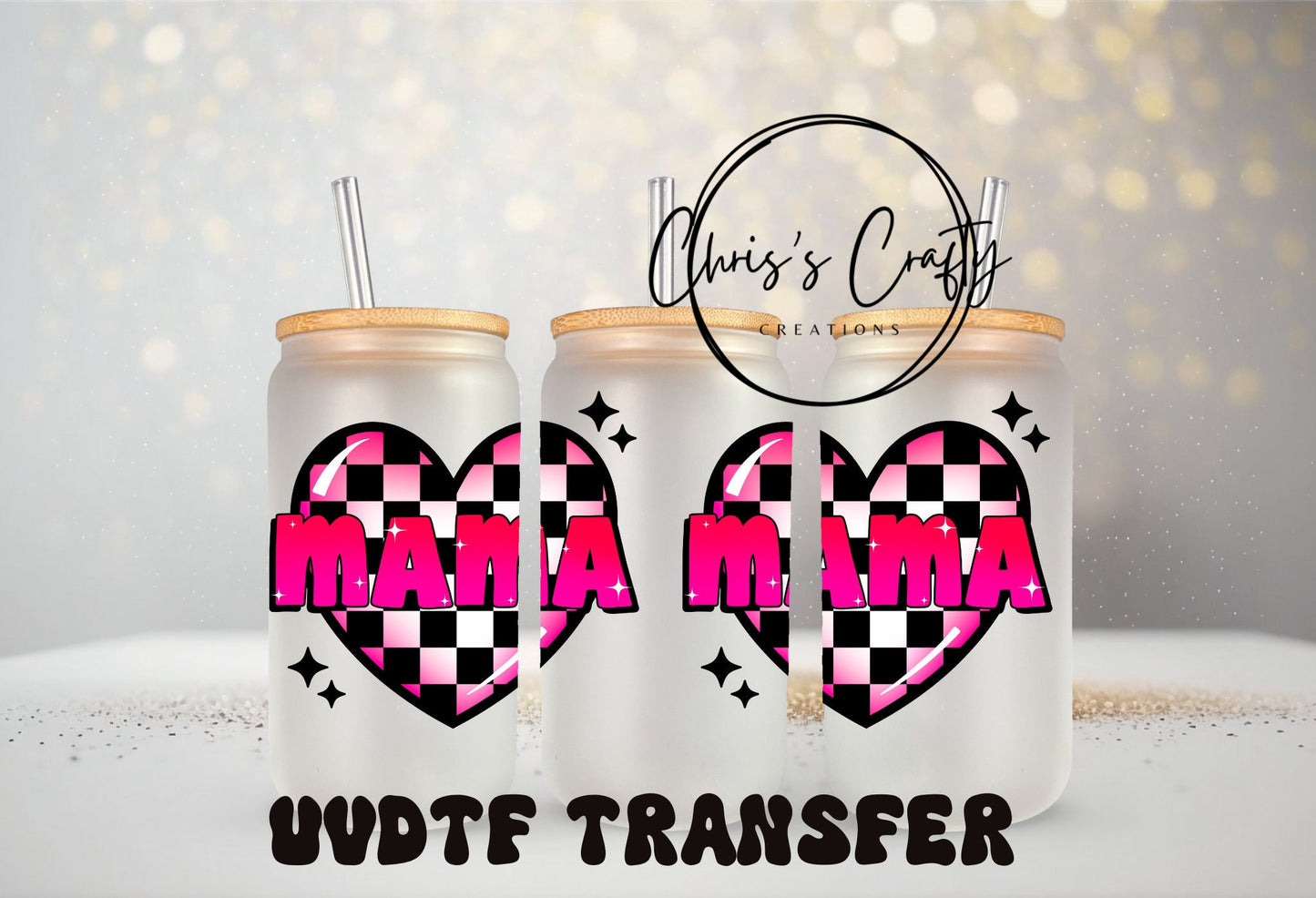 UVDTF Wrap Valentines Mama Checker Heart Exclusive for 16 oz can glass Mug Tumbler, Ready to Apply, Permanent Waterproof Adhesive