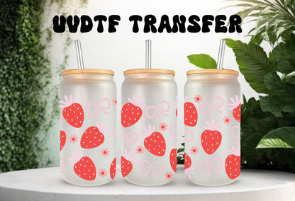UVDTF Wrap Strawberry Coquette Bows for 16 oz Can Glass, Mug, Tumbler, Mug, Ready to Apply, Permanent Waterproof Adhesive, Apply to Cup